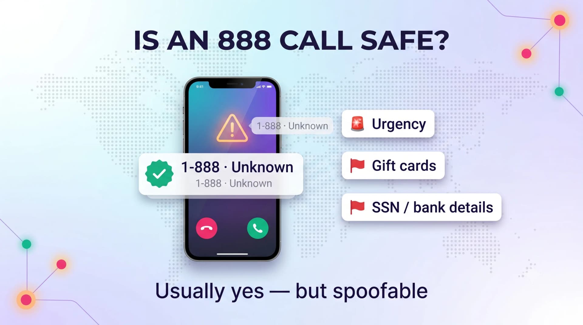Infographic asking is an 888 call safe, showing a spoofed 1-888 unknown caller ID alongside red flags like urgency, gift cards, and SSN or bank detail requests