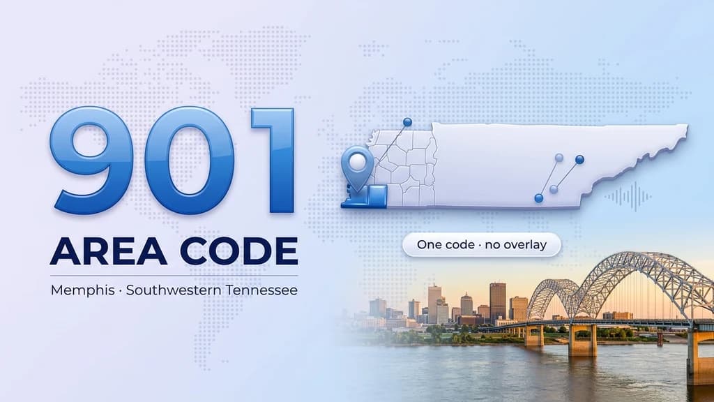Glossy blue banner showing a large 901 numeral, a dimensional map of southwestern Tennessee with a pin over Memphis, and a pill reading one code, no overlay