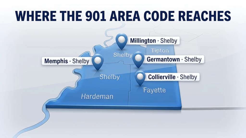 Dimensional map graphic of southwestern Tennessee highlighting the 901 region with glossy pins over Memphis, Germantown, Collierville, and Millington