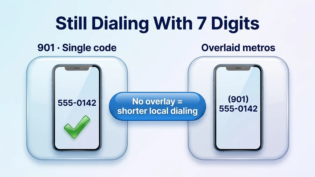 Glossy comparison graphic contrasting a 7-digit local number on a single-code metro with the 10-digit dialing required in overlaid metros