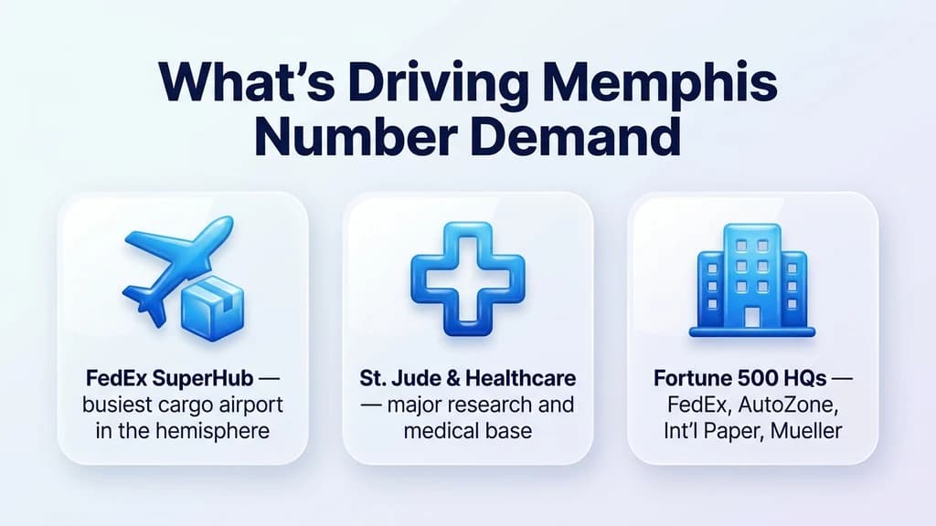 Glossy editorial stat graphic titled What's Driving Memphis Number Demand, with rows for the FedEx SuperHub, St. Jude and healthcare, and logistics and Fortune 500 headquarters