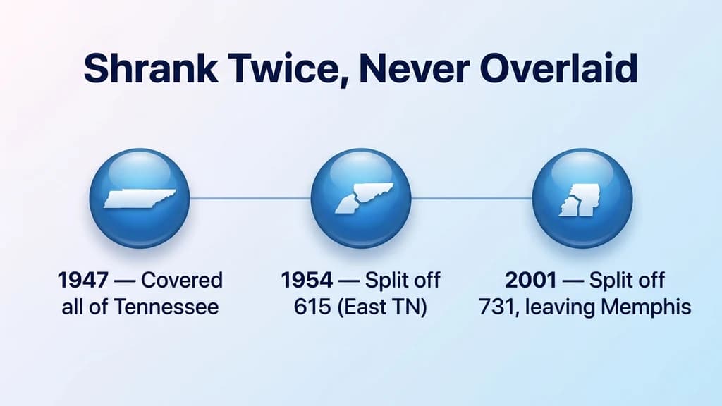Glossy timeline graphic showing three milestones: 1947 statewide, 1954 split creating 615, and 2001 split creating 731, leaving 901 as the Memphis metro