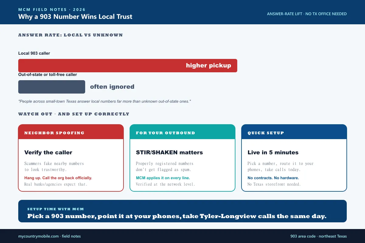 Why a 903 number wins northeast Texas trust — small-town buyers answer local numbers more often, neighbor-spoofing awareness, and how to set up a virtual line in minutes