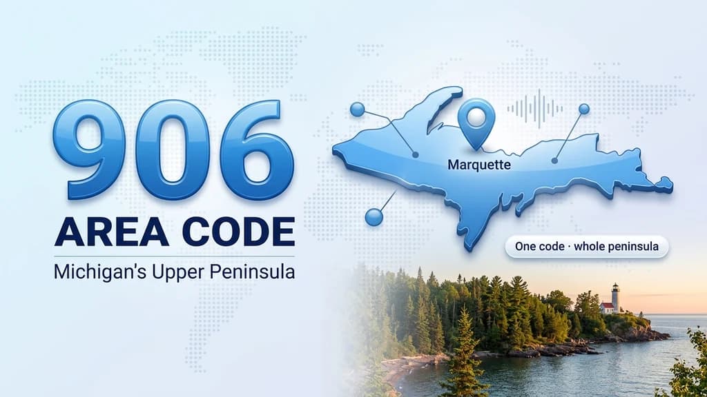 Glossy blue banner showing a large 906 numeral, a dimensional map of Michigan's Upper Peninsula with a pin over Marquette, and a pill reading one code, whole peninsula