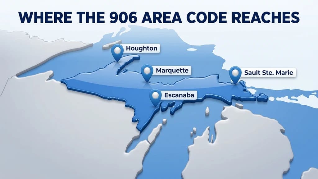 Glossy dimensional map graphic of Michigan's Upper Peninsula highlighting the 906 region with pins over Marquette, Sault Ste. Marie, Escanaba, and Houghton