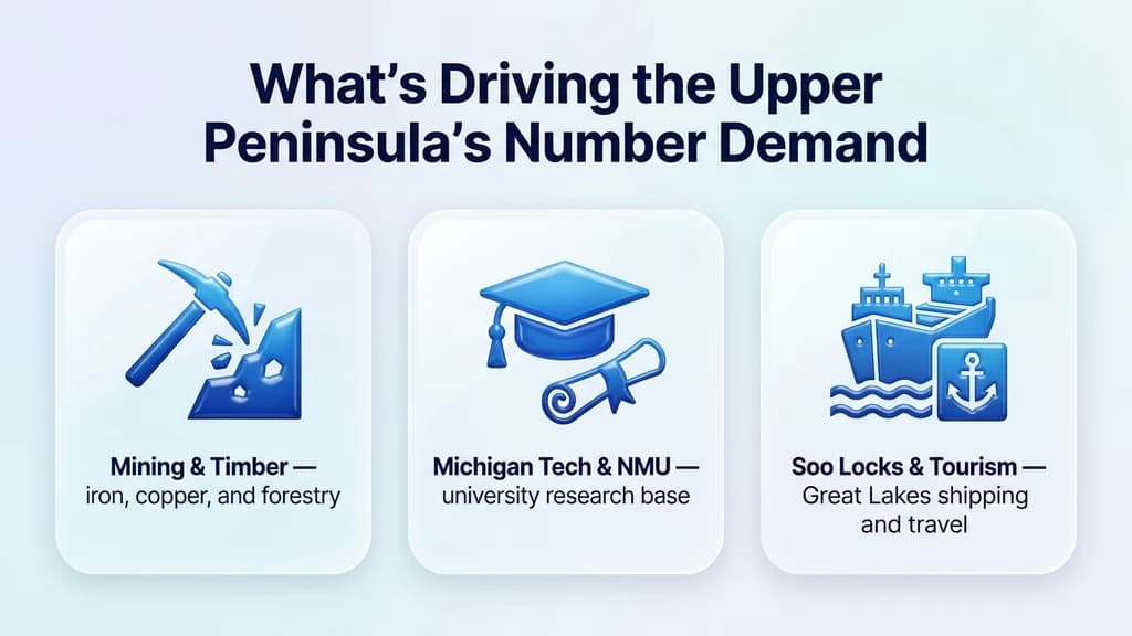 Glossy editorial stat graphic titled What's Driving the Upper Peninsula's Number Demand, with rows for mining, universities, and the Soo Locks and tourism