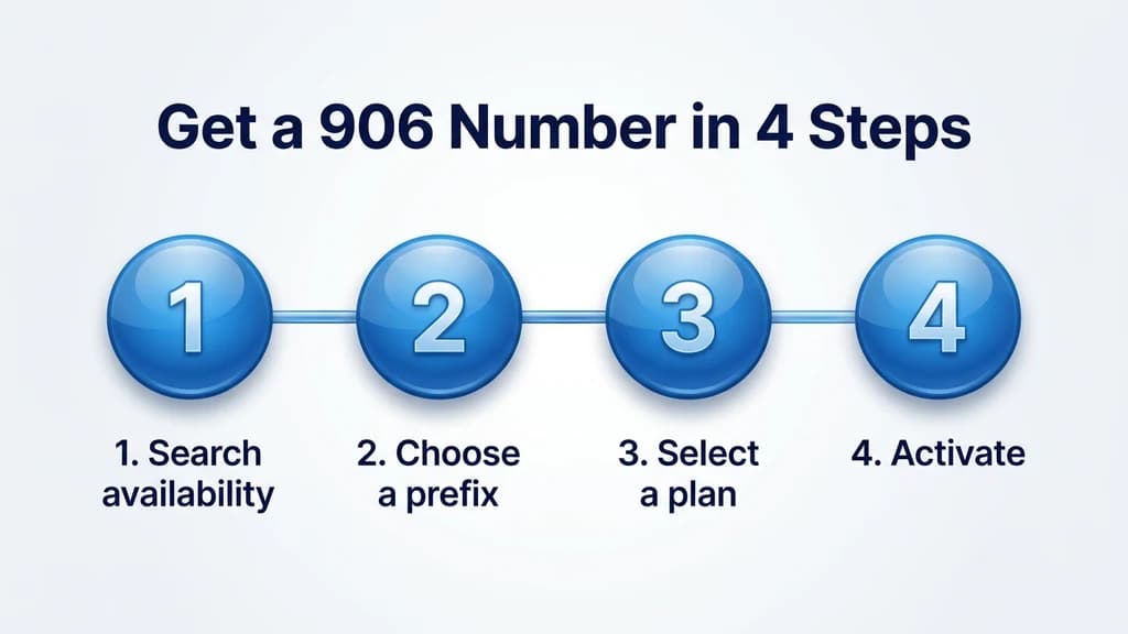 Glossy step-by-step graphic showing four steps to get a 906 number: search availability, choose a prefix, select a plan, activate