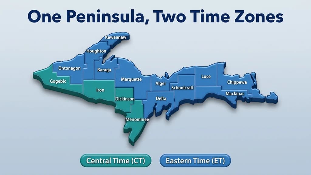 Glossy map graphic showing most of the Upper Peninsula on Eastern Time and the four western counties Menominee, Dickinson, Iron, and Gogebic shaded on Central Time