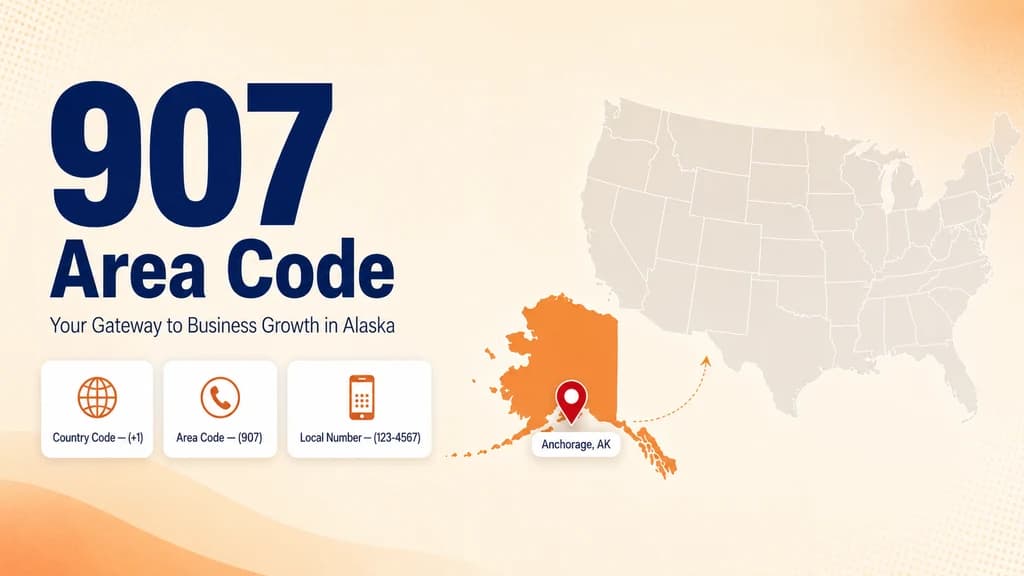 Warm-toned banner showing a large 907 numeral, a map of the United States with Alaska highlighted and a pin over Anchorage, and a badge grid with country code, area code, and local number