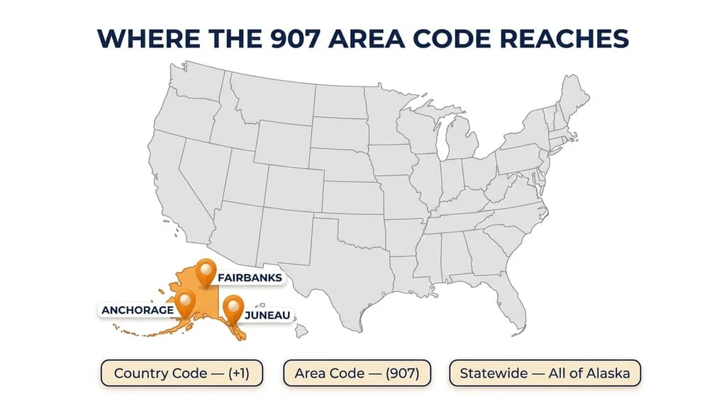 Warm-toned map graphic of the United States with Alaska highlighted and a pin over Anchorage, alongside a badge grid showing country code, area code, and local number