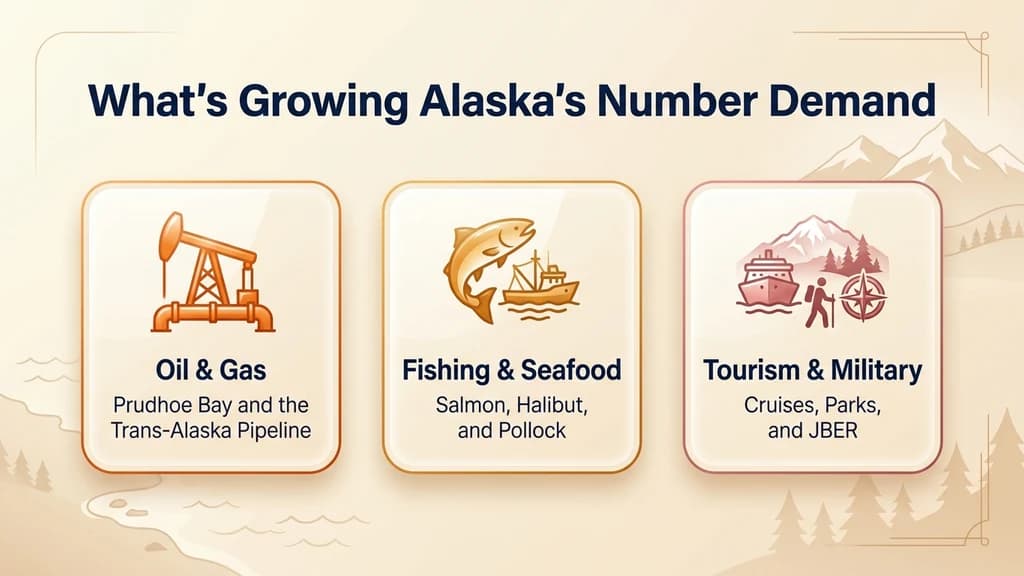 Warm-toned editorial stat graphic titled What's Growing Alaska's Number Demand, with rows for oil and gas, fishing and seafood, and tourism and military