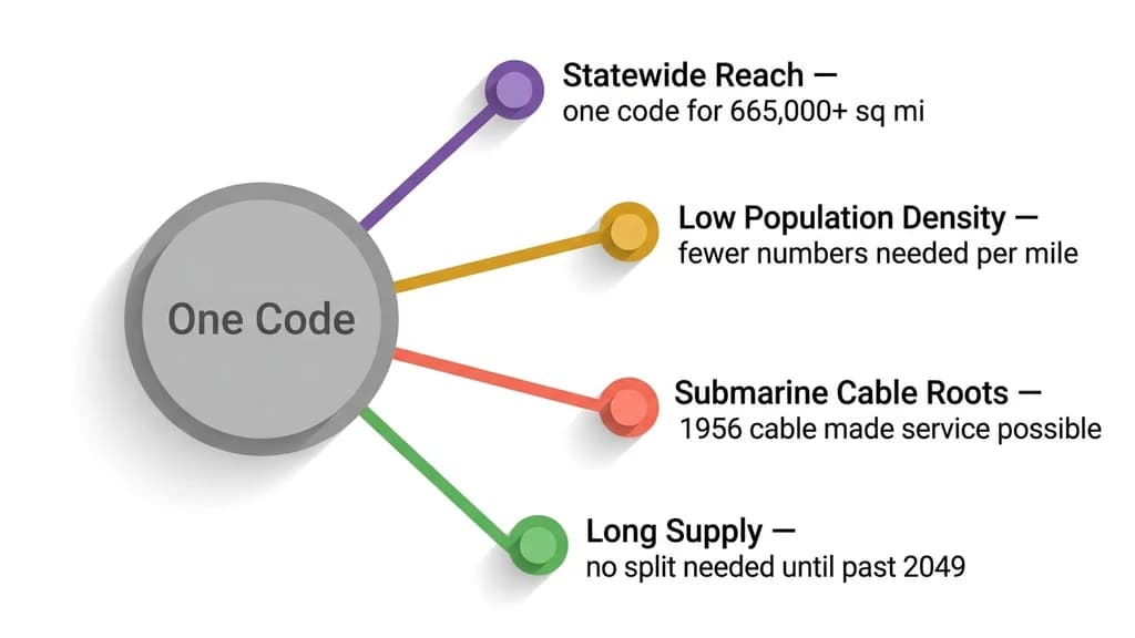 Colorful radial diagram with a central objectives circle branching into four connected nodes: statewide reach, low population density, submarine cable infrastructure, and long-term number supply