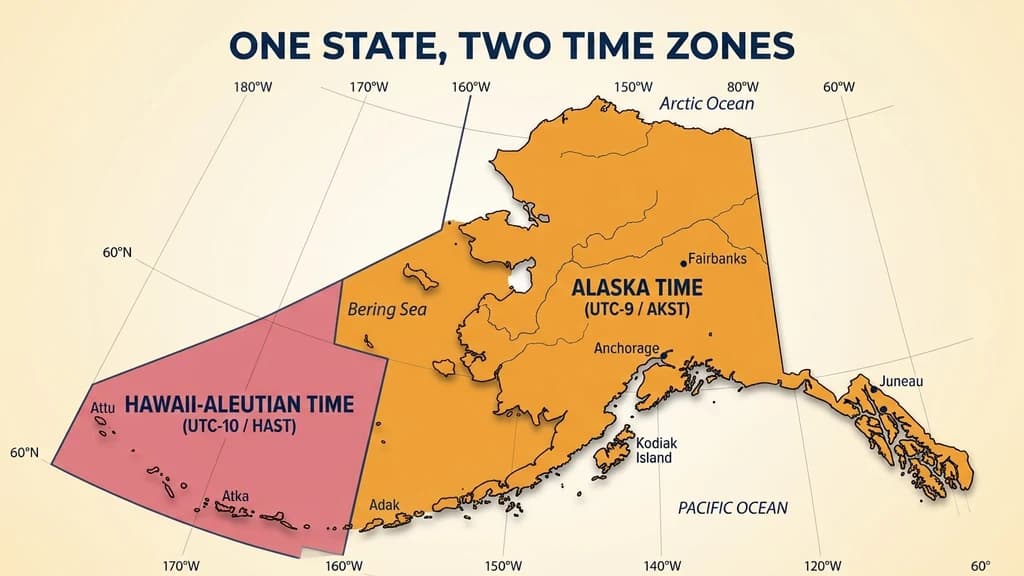 Warm-toned map graphic of Alaska split into two shaded zones, the mainland labeled Alaska Time and the far western Aleutian Islands labeled Hawaii-Aleutian Time