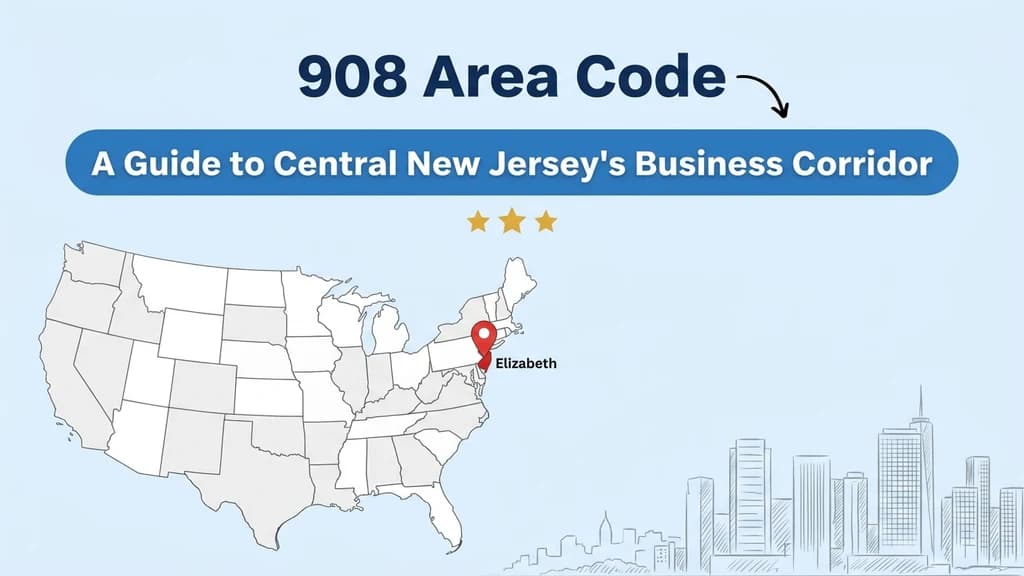 Light blue banner showing a map of the northeastern United States with New Jersey highlighted and a pin over Elizabeth, a bold 908 area code heading, and a faint skyline sketch