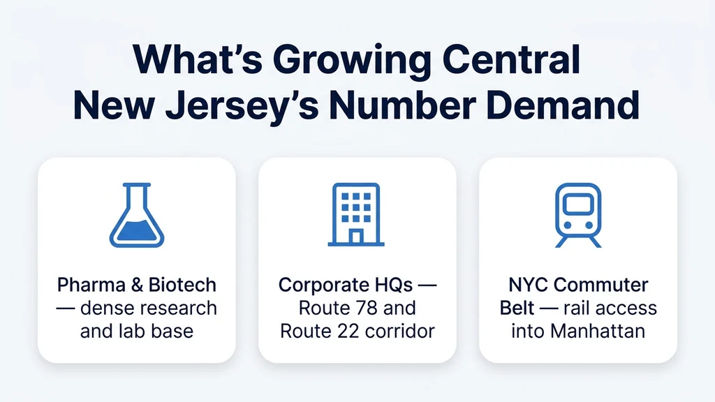 Editorial stat graphic titled What's Growing Central New Jersey's Number Demand, with rows for pharma and biotech, corporate headquarters, and the NYC commuter belt