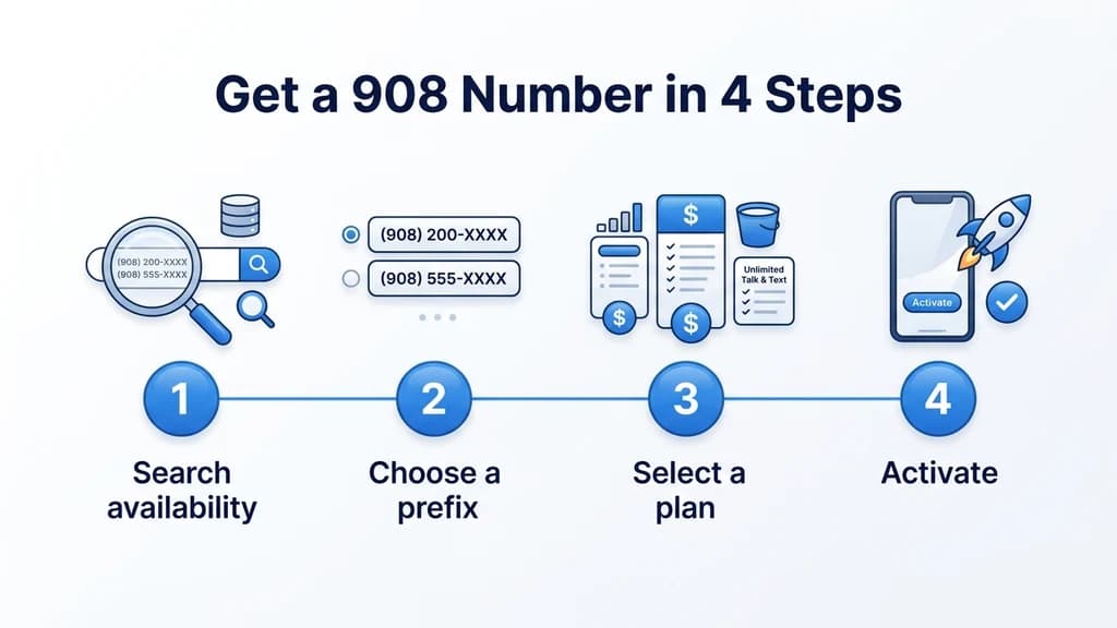 Step-by-step graphic showing four steps to get a 908 number: search availability, choose a prefix, select a plan, activate