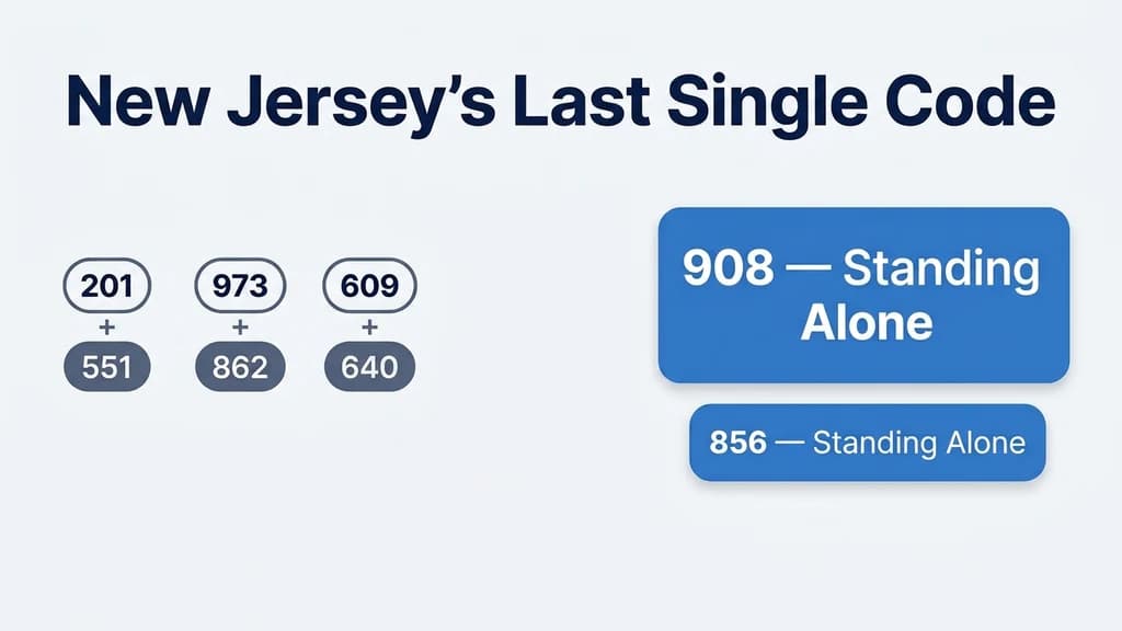 Comparison graphic showing most New Jersey area codes paired with an overlay, while 908 and 856 stand alone as single codes