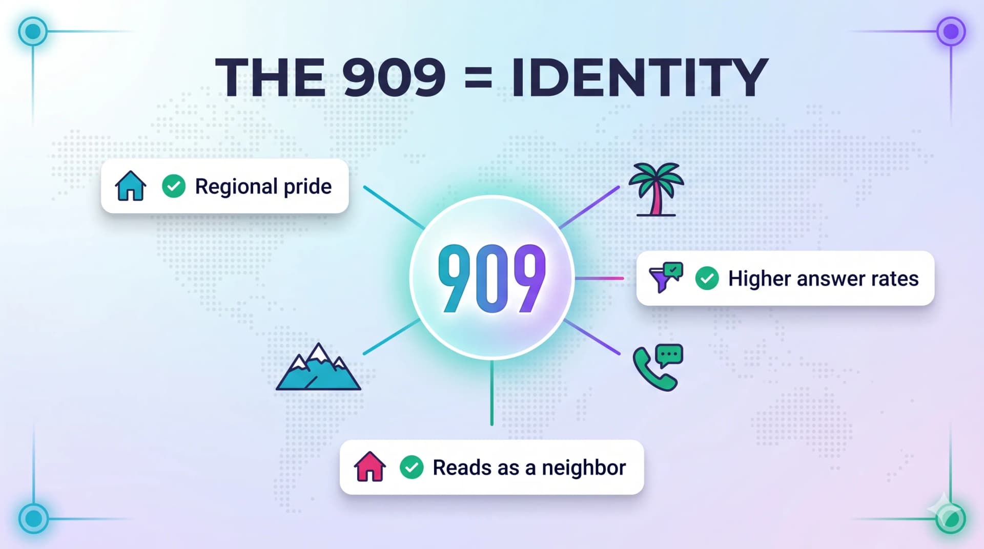 Infographic showing 909 as a regional identity that boosts answer rates and reads as a local neighbor