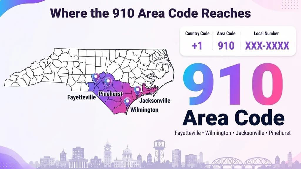 Purple gradient banner showing a large 910 numeral, a map of North Carolina with the southeastern region highlighted, and labels for Fayetteville and Wilmington