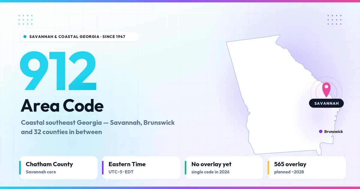 912 area code map of coastal southeast Georgia with a Savannah pin and quick facts