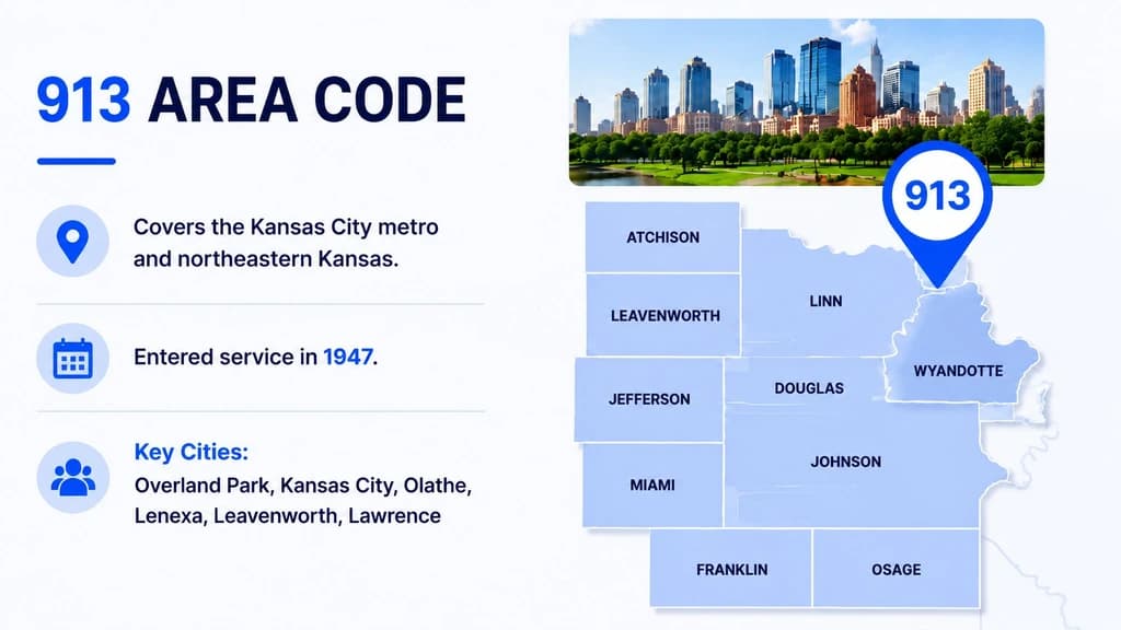 What the 913 area code covers — the Kansas side of Kansas City and northeastern Kansas