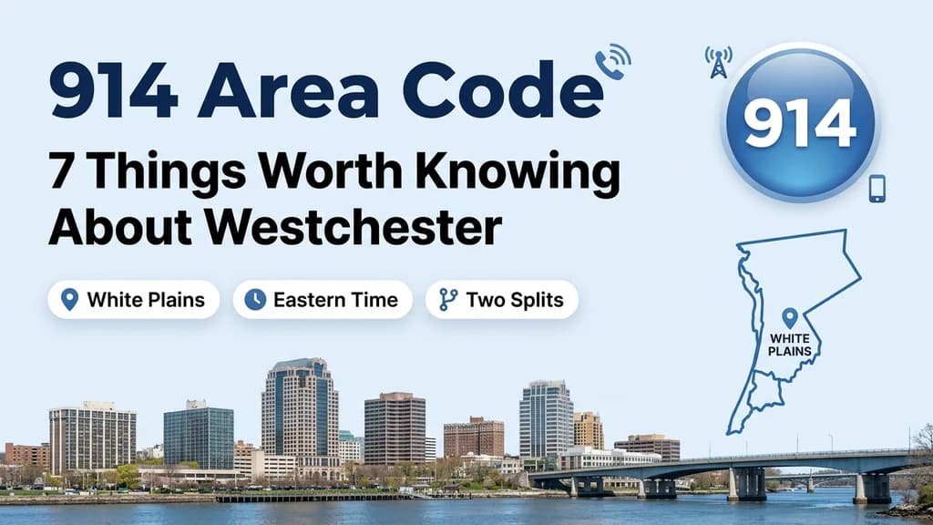 Blue banner showing a large 914 badge, a map of Westchester County New York with a pin over White Plains, and a skyline photo along the bottom