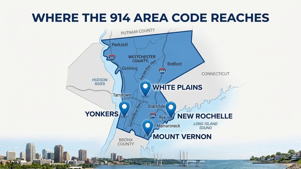 Map graphic of Westchester County New York with pins over White Plains, Yonkers, New Rochelle, and Mount Vernon, alongside a skyline photo