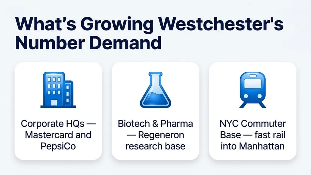 Editorial stat graphic titled What's Growing Westchester's Number Demand, with rows for corporate headquarters, biotech and pharma, and the NYC commuter base