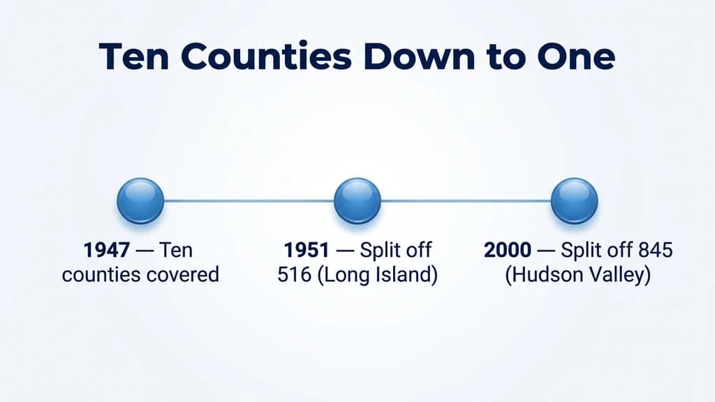 Timeline graphic showing three milestones: 1947 covering ten counties, 1951 split creating 516 for Long Island, and 2000 split creating 845 for the rest of the Hudson Valley