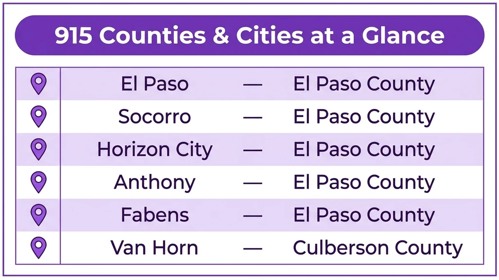 Table-style graphic listing El Paso, Socorro, Horizon City, and Anthony with their counties across far West Texas