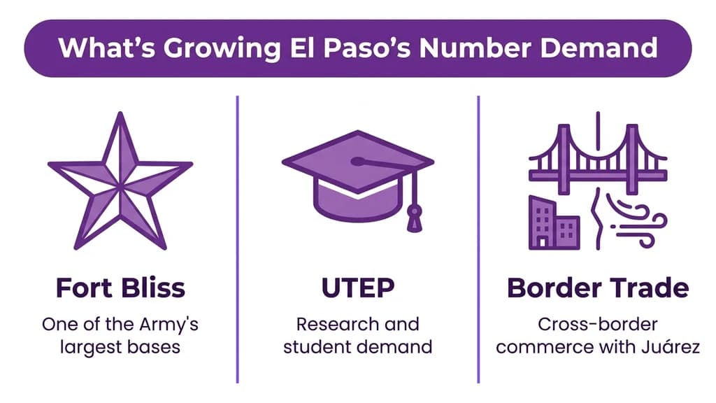Editorial stat graphic titled What's Growing El Paso's Number Demand, with rows for Fort Bliss, UTEP, and border trade with Ciudad Juárez