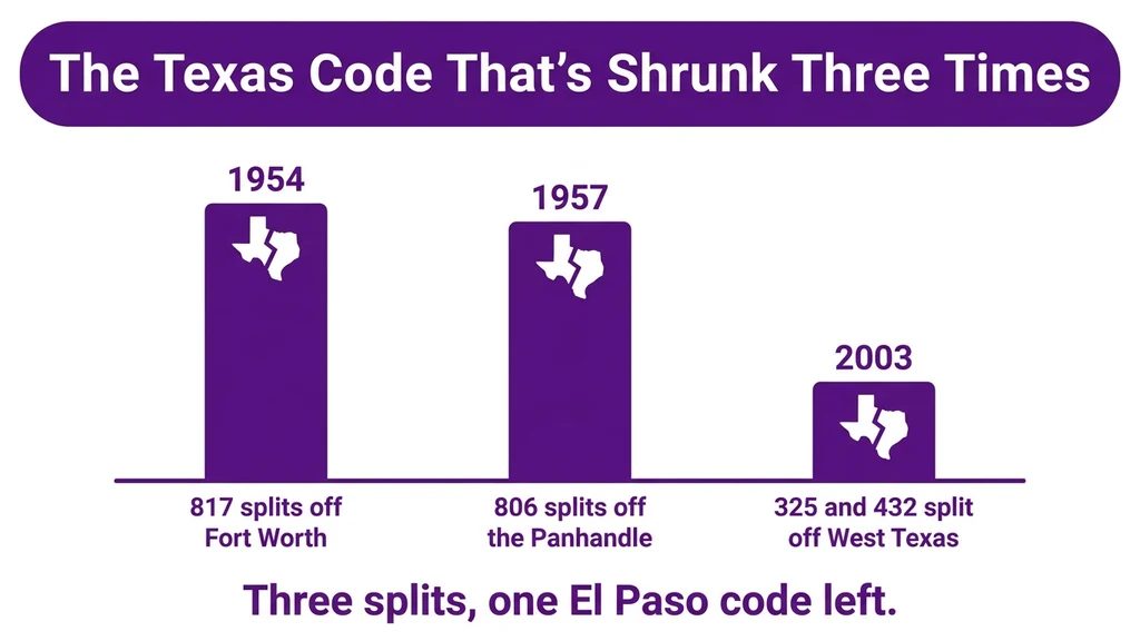 Timeline graphic showing three milestones: 1954 split creating 817, 1957 split creating 806, and 2003 three-way split creating 325 and 432