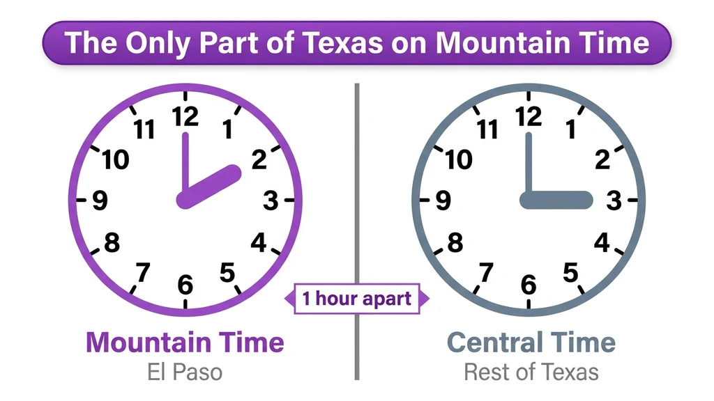 Clock comparison graphic showing El Paso on Mountain Time next to the rest of Texas on Central Time, one hour apart
