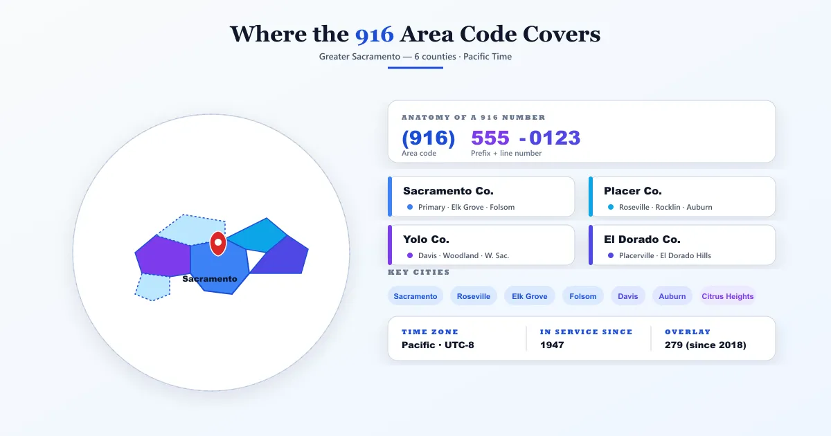 Where the 916 area code covers — Greater Sacramento region with the six counties shown as color-coded shapes including Sacramento County in blue as the primary core with Elk Grove and Folsom, Placer County in cyan with Roseville Rocklin and Auburn, Yolo County in purple with Davis Woodland and West Sacramento, El Dorado County in indigo with Placerville and El Dorado Hills, plus the partial coverage in Sutter and Solano counties, alongside the anatomy of a 916 number (916) 555-0123, county tiles, key cities chips, and a footer with Time Zone Pacific UTC-8, In Service Since 1947, and Overlay 279 since 2018