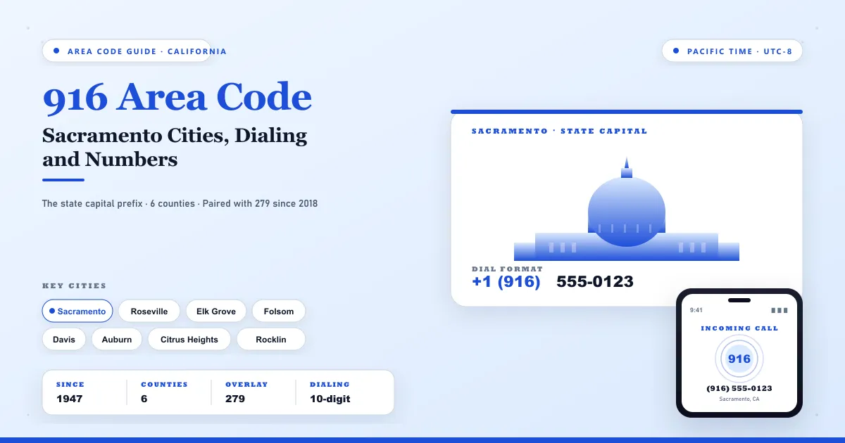 916 Area Code · Sacramento Cities, Dialing and Numbers — feature hero with the post title prominent on the left, a description line about the state-capital prefix covering 6 counties and paired with the 279 overlay since 2018, plus a row of key city chips for Sacramento Roseville Elk Grove Folsom Davis Auburn Citrus Heights and Rocklin and a facts strip showing Since 1947, 6 counties, 279 overlay, and 10-digit dialing; right side shows the California state-capitol dome silhouette over a +1 (916) 555-0123 dial format line, plus a compact incoming-call phone tile