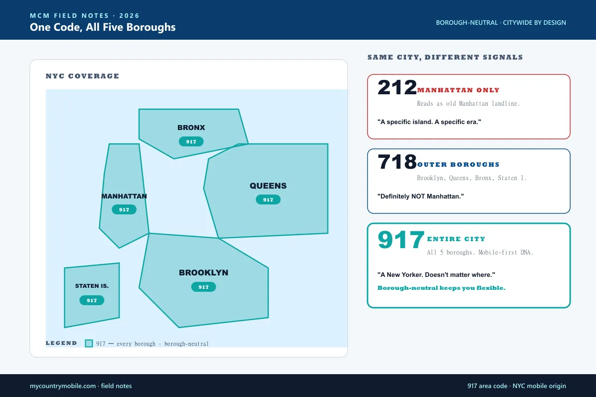 The 917 area code covers all five New York City boroughs — Manhattan, Brooklyn, Queens, the Bronx, and Staten Island — making it borough-neutral and citywide, unlike 212 for Manhattan or 718 for the outer boroughs