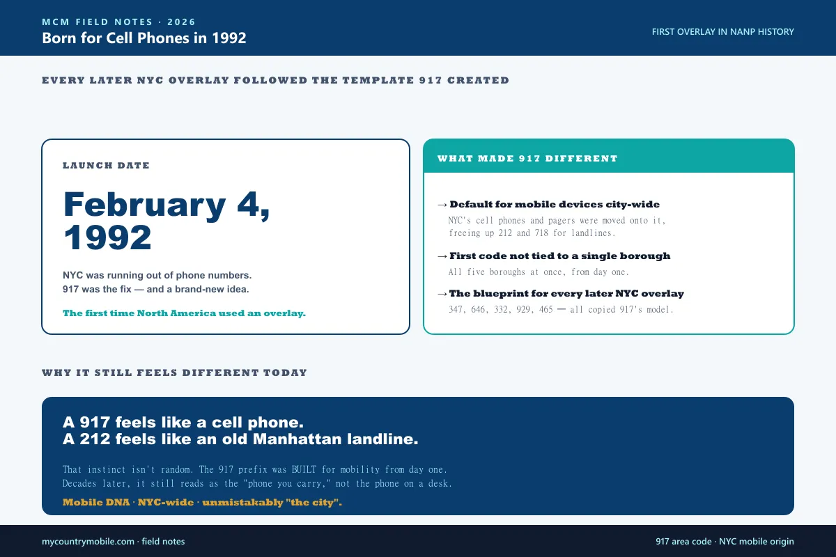 The 917 area code was born on February 4 1992 as the first overlay area code in North American Numbering Plan history, built specifically for cell phones and pagers when NYC was running out of numbers