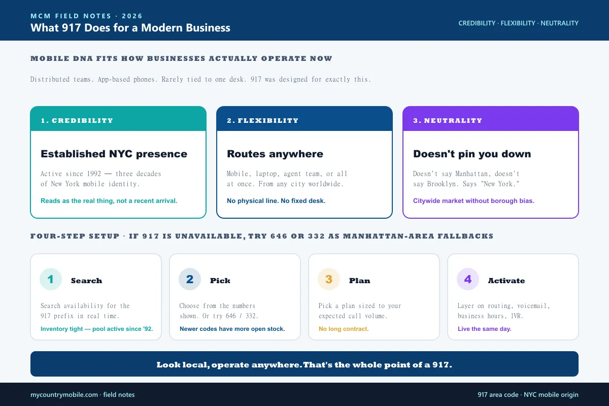 Why a 917 number works for a modern business — credibility as an established NYC presence, flexibility to route to any device, and borough-neutrality that doesn't pin you to one neighborhood, plus a four-step setup with 646 and 332 fallbacks