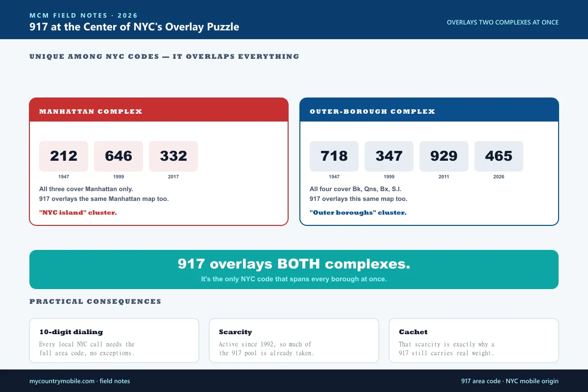 917 sits at the center of NYC's overlay puzzle — overlapping both the Manhattan complex of 212, 646, and 332 and the outer-borough complex of 718, 347, 929, and the new 465 code