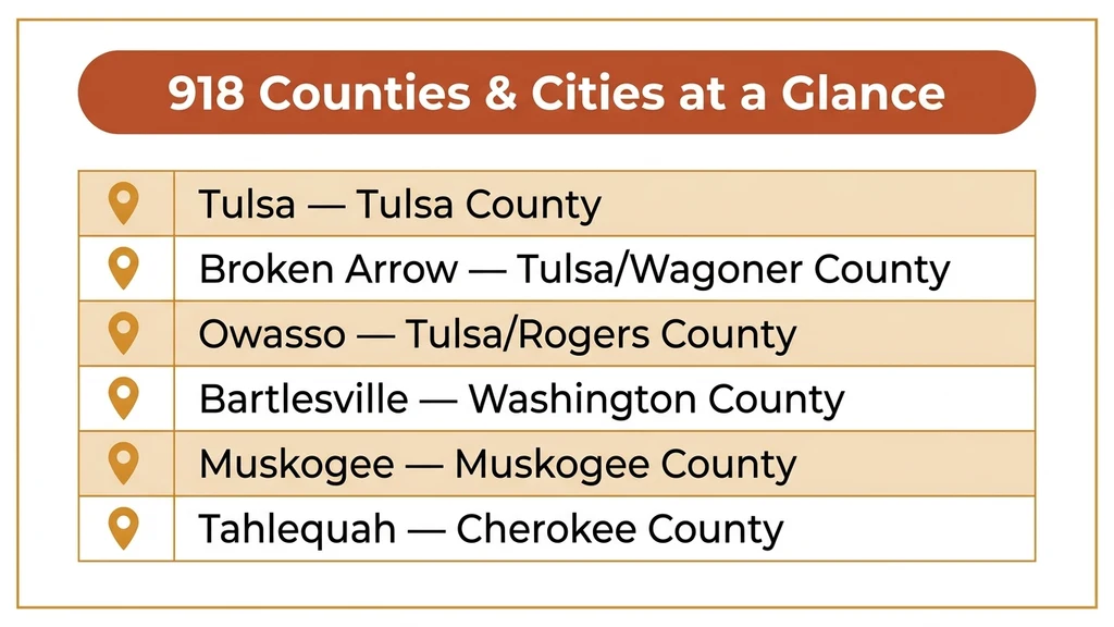 Table-style graphic listing Tulsa, Broken Arrow, Owasso, and Bartlesville with their counties across northeastern Oklahoma