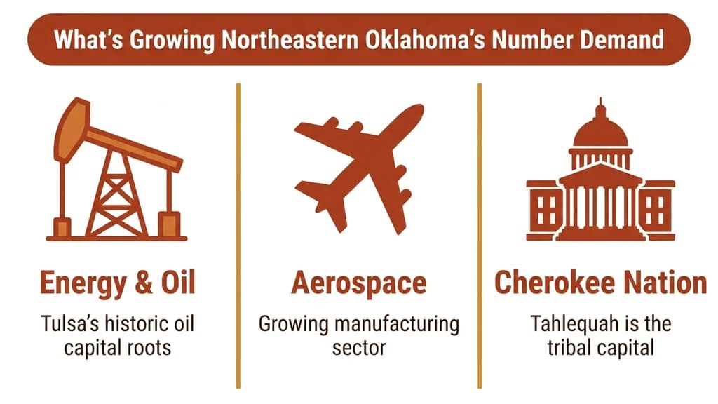 Editorial stat graphic titled What's Growing Northeastern Oklahoma's Number Demand, with rows for the energy industry, aerospace, and Cherokee Nation government