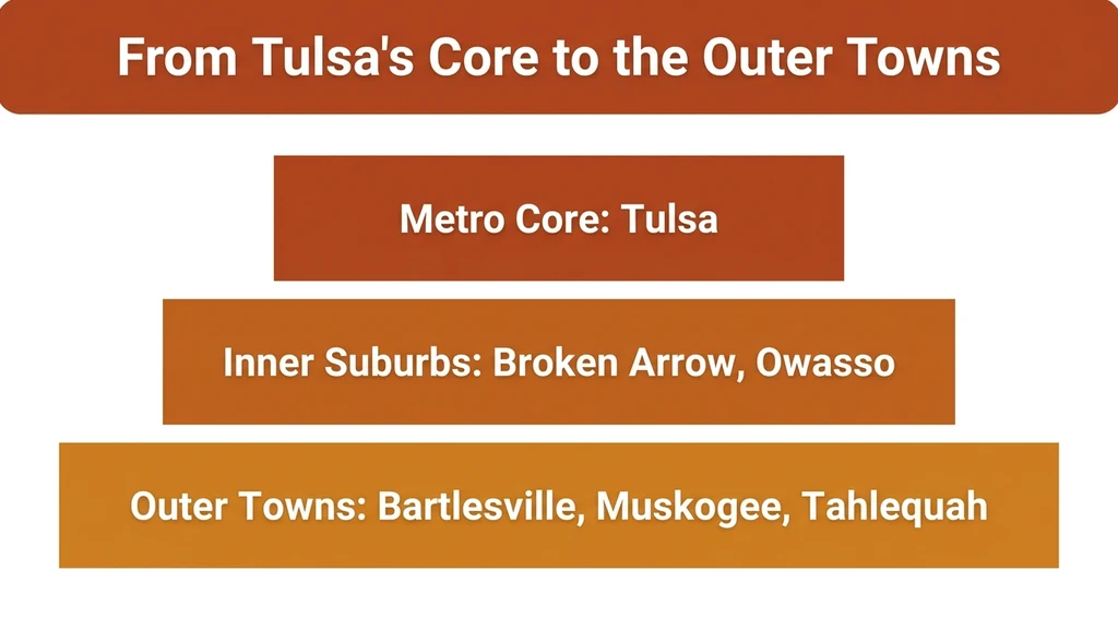 Zone-band graphic showing Tulsa as the metro core, Broken Arrow and Owasso as inner suburbs, and Bartlesville, Muskogee, and Tahlequah as outer towns across 918's footprint