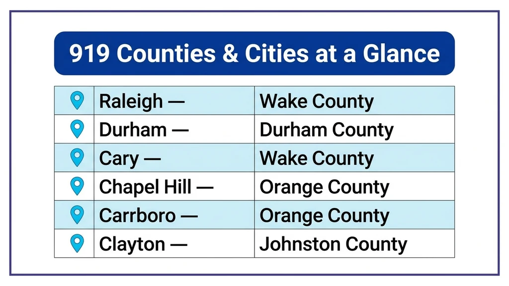 Table-style graphic listing Raleigh, Durham, Cary, and Chapel Hill with their counties across North Carolina's Research Triangle