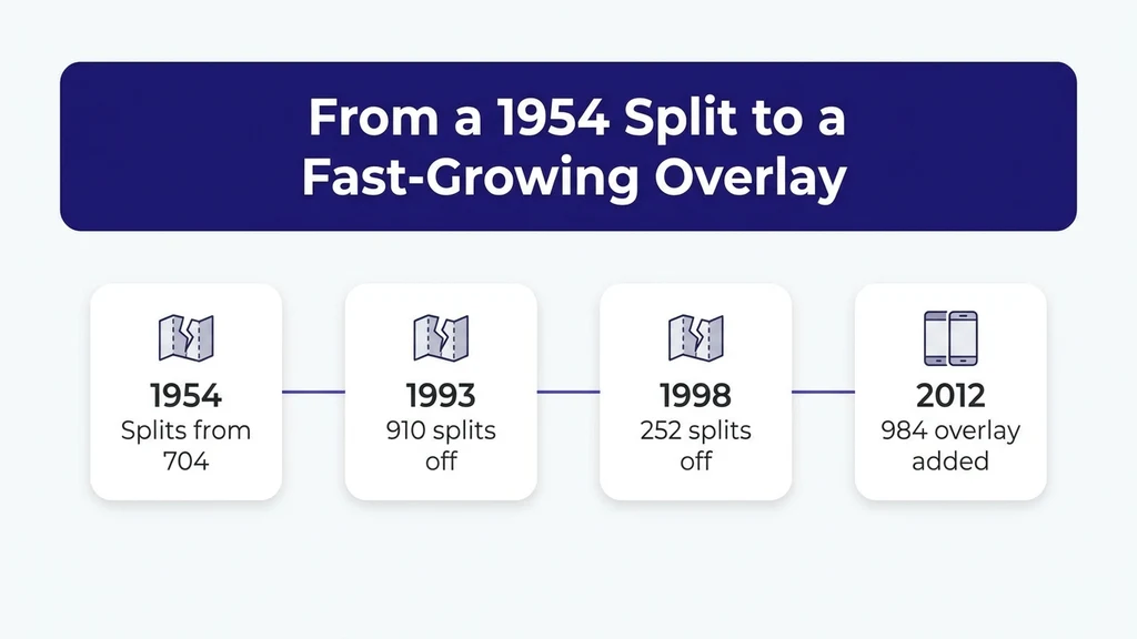 Timeline graphic showing four milestones: 1954 split from 704, 1993 split creating 910, 1998 split creating 252, and 2012 984 overlay activated