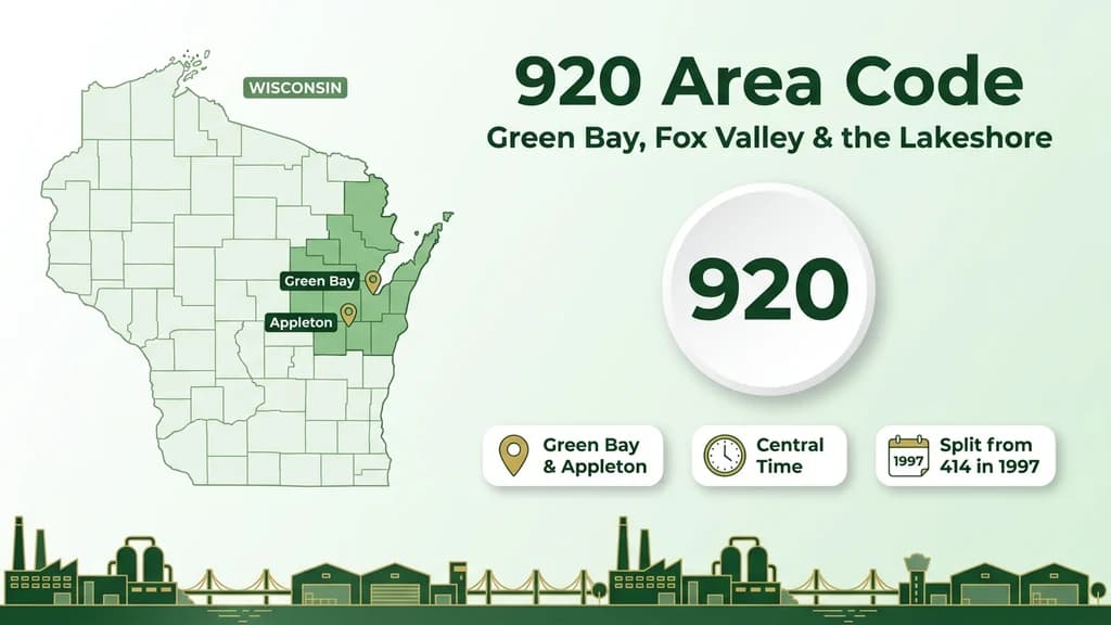 Blue banner showing a map badge over northeastern Wisconsin with pins for Green Bay and Appleton, labeled as the area code for Titletown and the Fox Valley