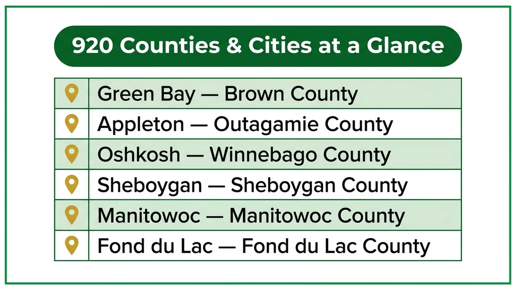 Table-style graphic listing Green Bay, Appleton, Oshkosh, and Sheboygan with their counties across northeastern Wisconsin