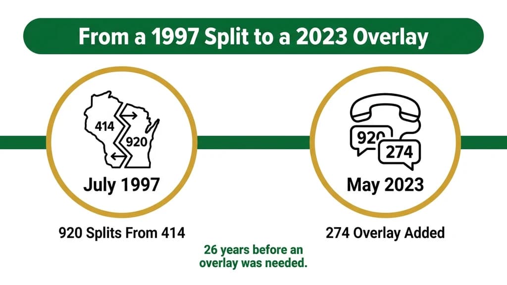 Timeline graphic showing two milestones: July 1997 split from 414 and May 2023 activation of the 274 overlay over the same 920 territory