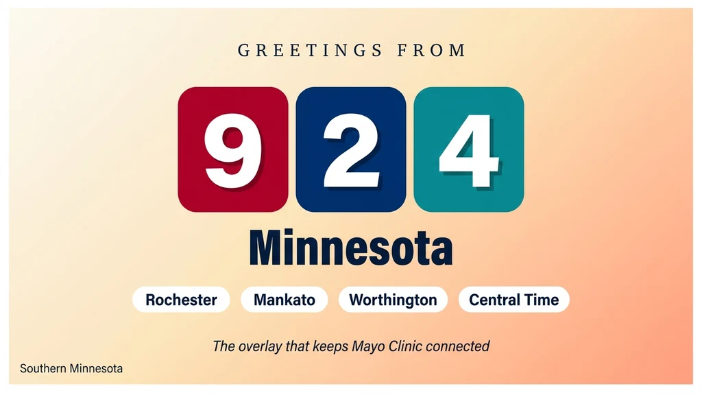 Postcard-style banner reading Greetings From 924 Minnesota, with numeral tiles and pill labels for Rochester, Mankato, Worthington, and Central Time