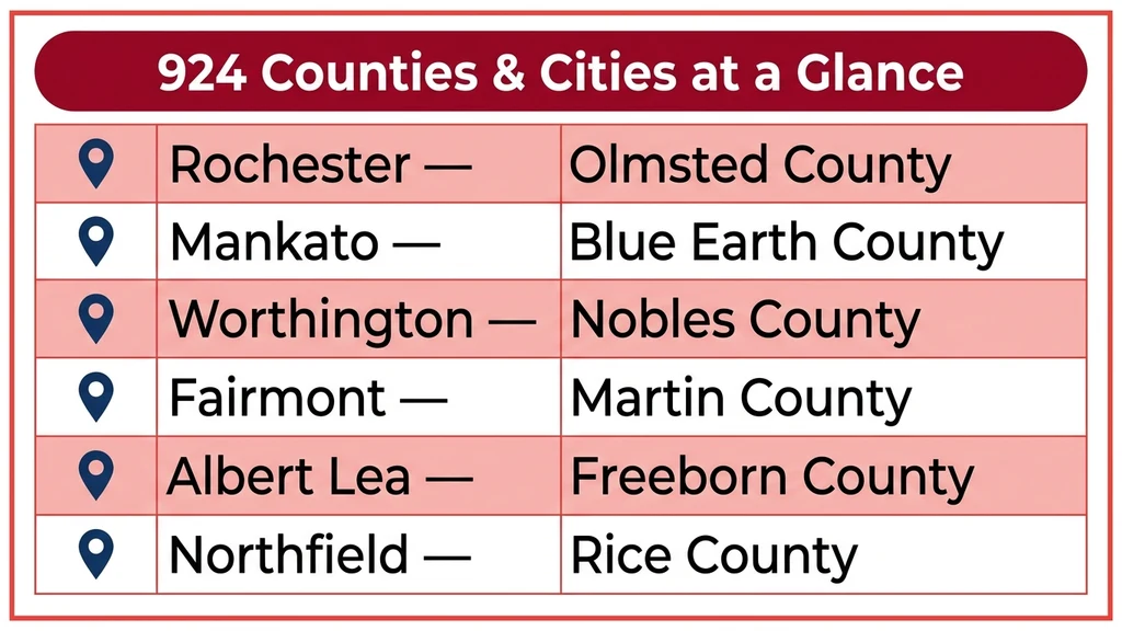 Table-style graphic listing Rochester, Mankato, Worthington, and Albert Lea with their counties across southern Minnesota