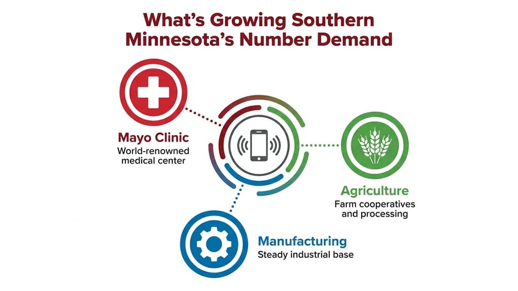 Editorial stat graphic titled What's Growing Southern Minnesota's Number Demand, with rows for Mayo Clinic, agriculture, and regional manufacturing